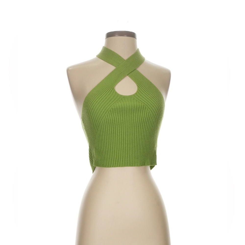 Green ribbed halter neck crop top